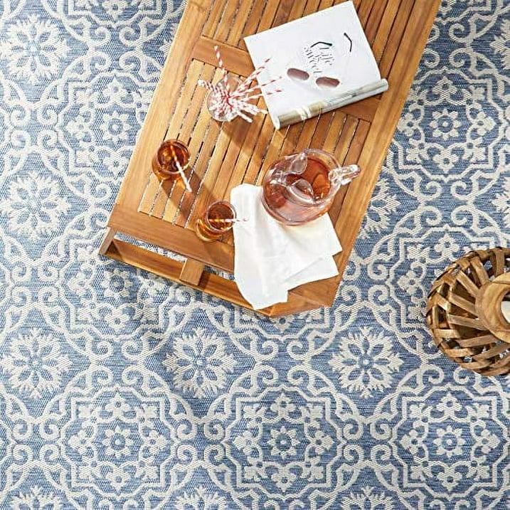 Wholesale Price with free shipping across the USA for Nicole Miller New York Patio Country Danica Transitional Geometric Indoor/Outdoor Area Rug, Blue/Grey, 9'2