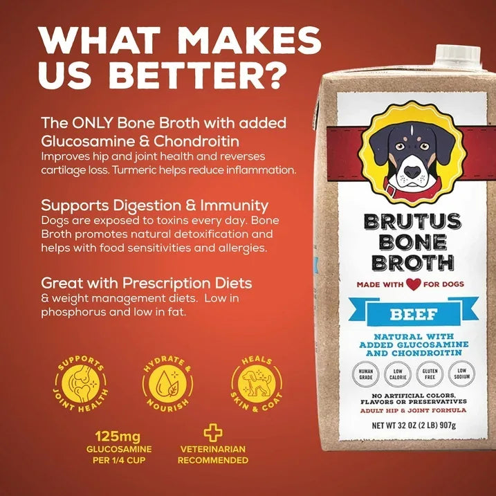 Wholesale Price with free shipping across the USA for Brutus Bone Broth Beef for Dogs - 32 oz, All Natural Human Grade Dog Food Topper with Chondroitin Glucosamine Turmeric, Great for Picky Eaters & Dry Food, Tasty & Nutritious - Manji Distributors