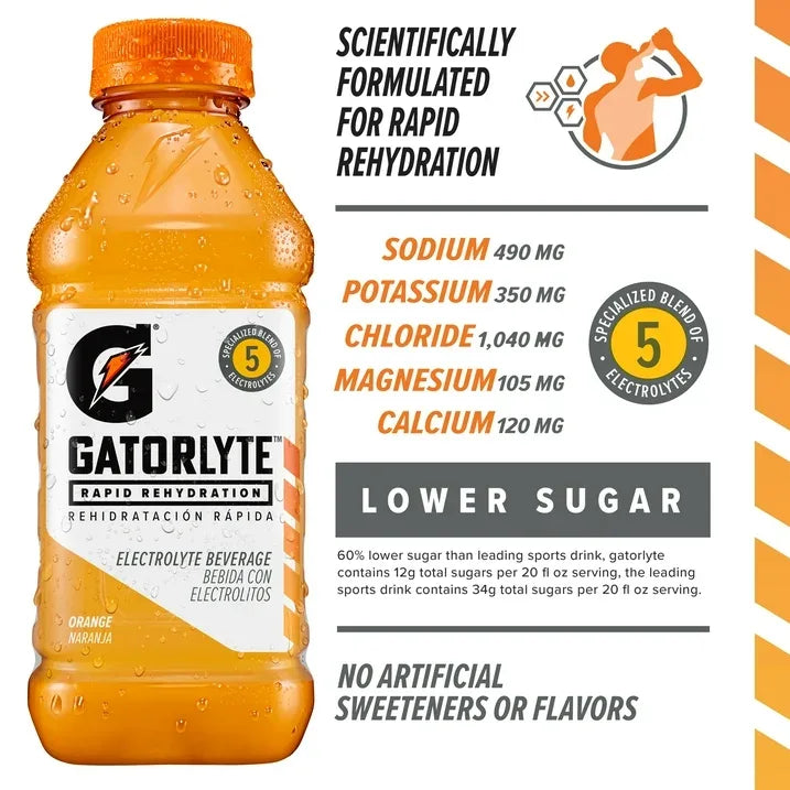 Wholesale Price with free shipping across the USA for (12 pack) Gatorade Gatorlyte Rapid Rehydration Electrolyte Beverage Orange, 20 fl oz Bottle - Manji Distributors