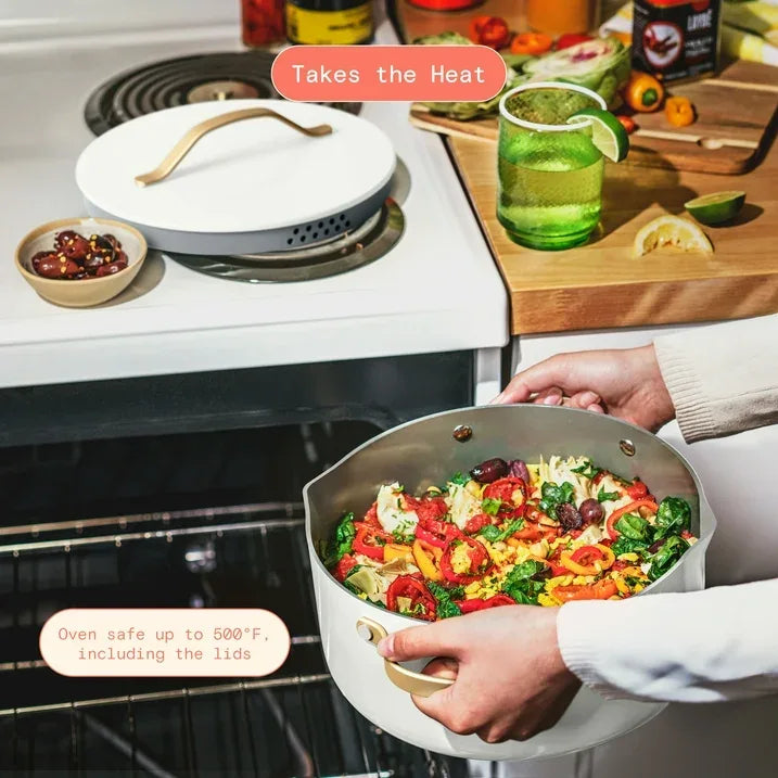 Wholesale Price with free shipping across the USA for Beautiful 12pc Ceramic Non-Stick Cookware Set with Strainer Lids, White Icing by Drew Barrymore - Manji Distributors