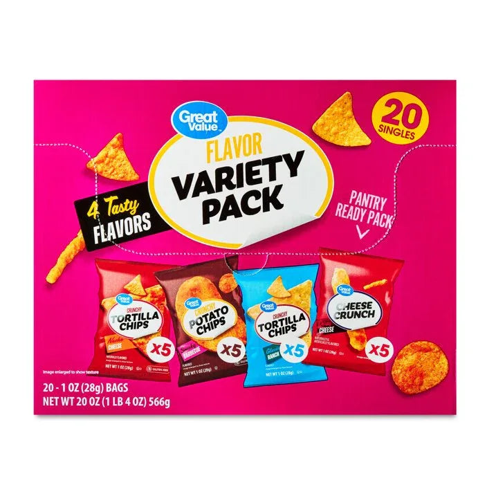 Wholesale Price with free shipping across the USA for Great Value Tasty Chips Variety Pack, 1 oz, 20 count Box - Manji Distributors