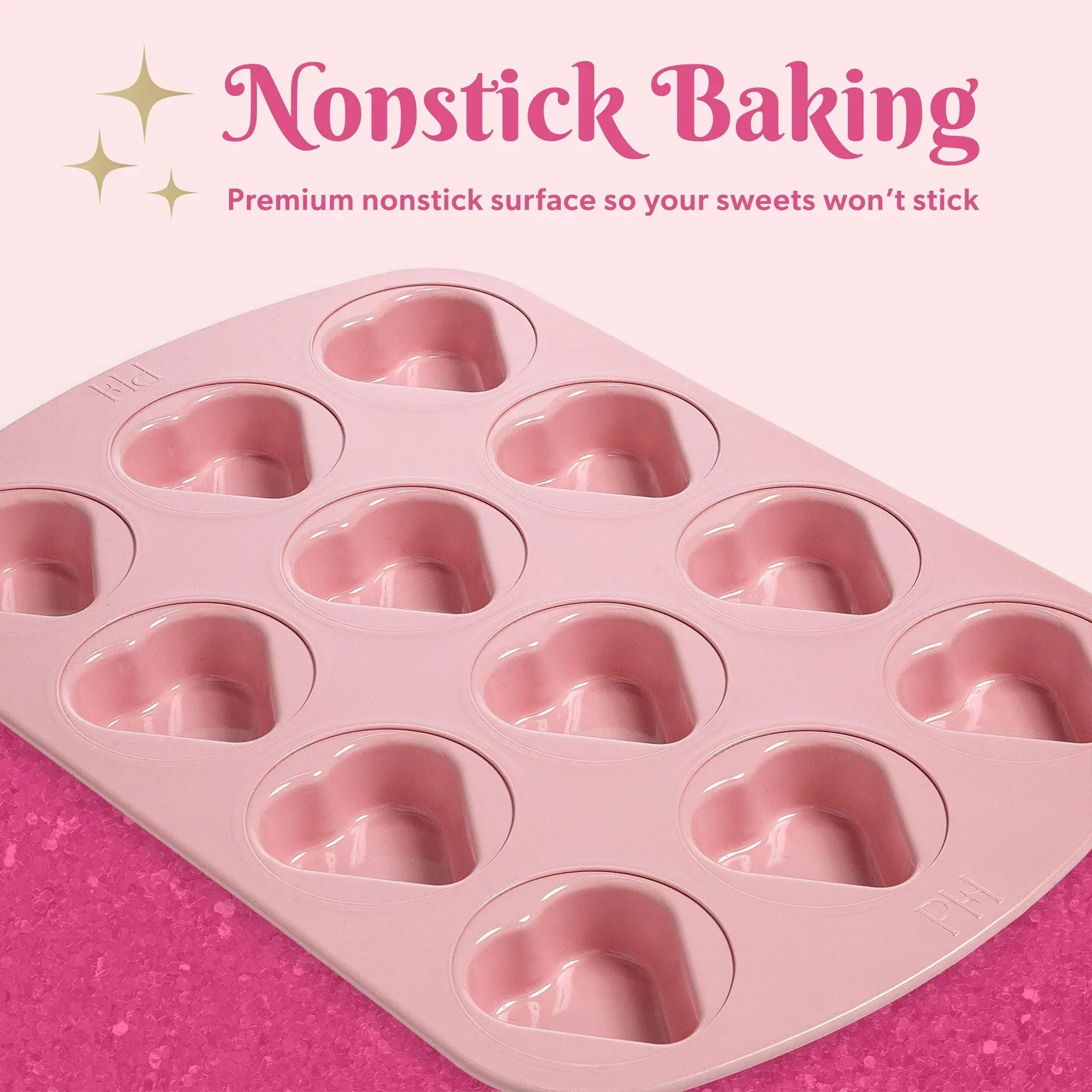 Wholesale Price with free shipping across the USA for Paris Hilton 12 Cup Mini Heart Pan, Premium Nonstick, Heavy Duty Carbon Steel, Dishwasher Safe, Pink - Manji Distributors