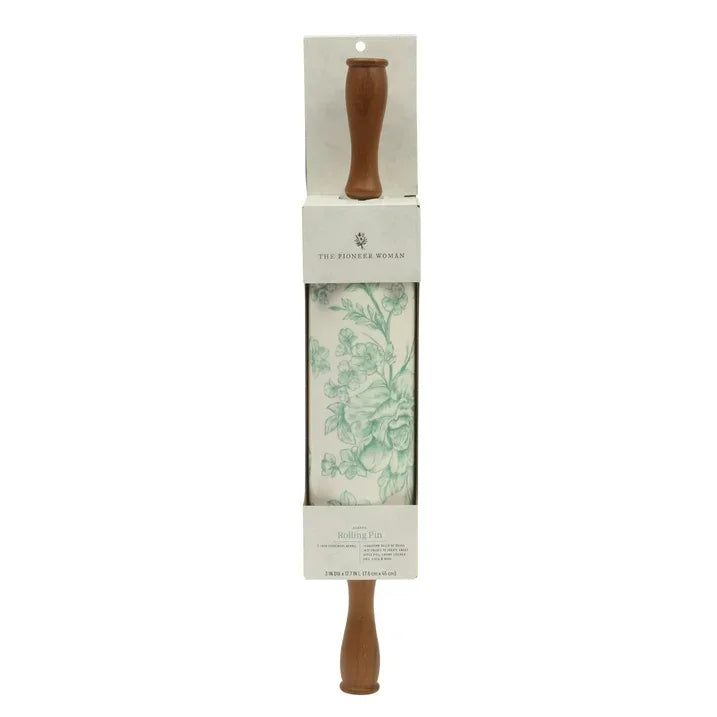 Wholesale Price with free shipping across the USA for The Pioneer Woman Agatha Ceramic Rolling Pin with Olivewood Handles, Green - Manji Distributors