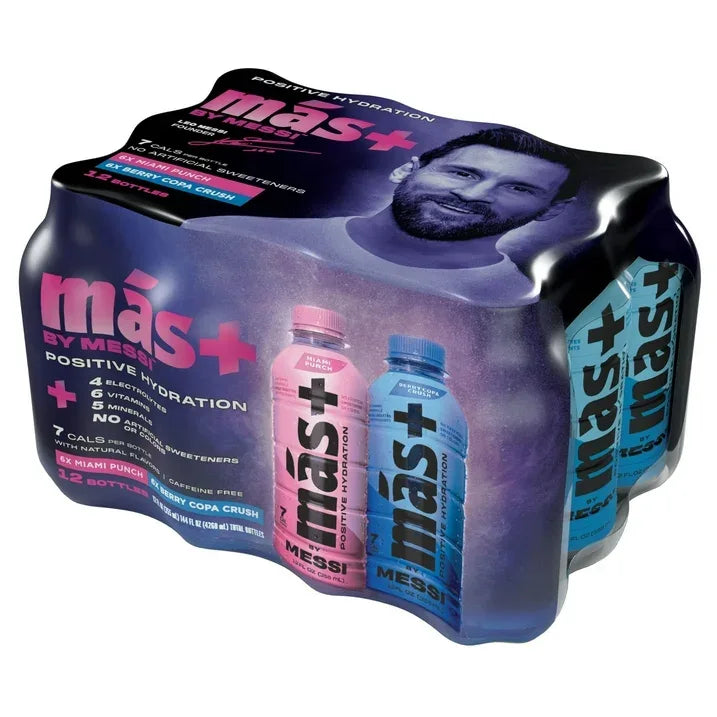 Wholesale Price with free shipping across the USA for Más+ by Messi Hydration Sports Drink Variety, 12 Pack, 12 fl oz Bottles - Manji Distributors