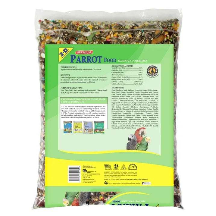 Wholesale Price with free shipping across the USA for 3-D Pet Products Premium Parrot Bird Food Seeds, with Probiotics, 8 lb. Bag, Dry - Manji Distributors
