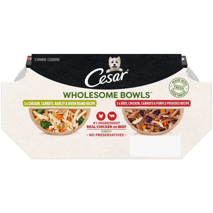 Wholesale Price with free shipping across the USA for (4 pack) Cesar Wholesome Bowls Broth Wet Dog Food Variety Pack, 3 Oz Bowls (6 Pack) - Manji Distributors