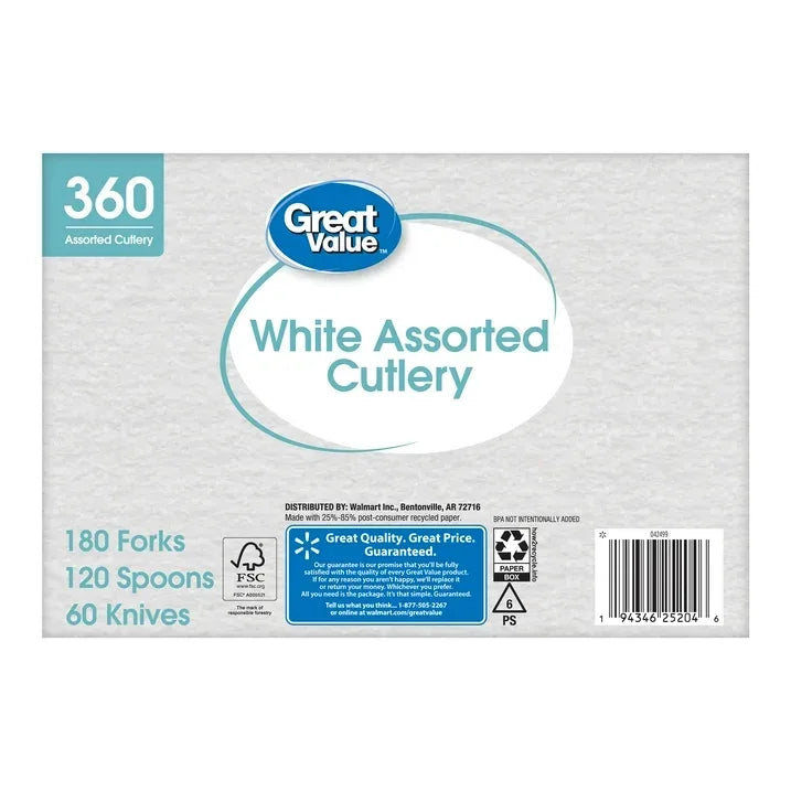 Wholesale Price with free shipping across the USA for Great Value Disposable Plastic Cutlery Set, White, 360 Count includes 180F/120S/60K - Manji Distributors