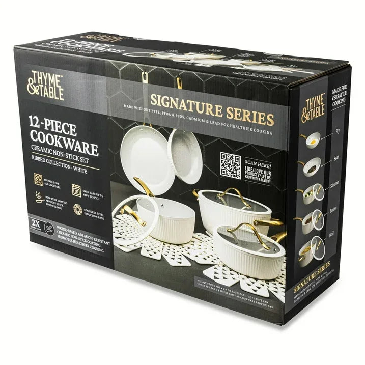 Wholesale Price with free shipping across the USA for Thyme & Table 12-Piece Non-Stick Signature Cookware Set, Pots and Pans Set- White & Gold - Manji Distributors