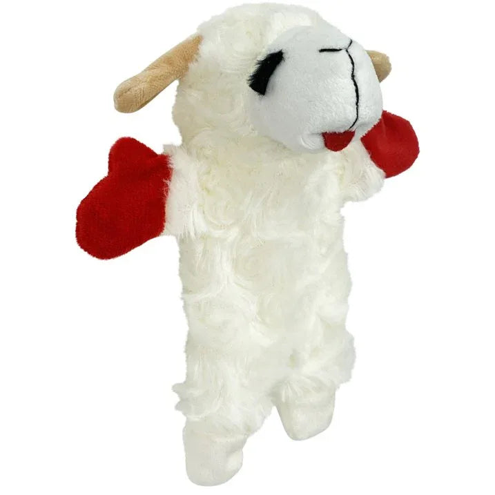 Wholesale Price with free shipping across the USA for (3 pack) Multipet Lamb Chop Plush Crinkle Flop Dog Toy, White with Red Paws - Manji Distributors