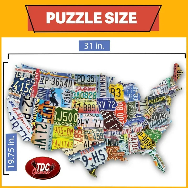 Wholesale Price with free shipping across the USA for TDC Games 1000-Piece USA Map-Shaped License Plate Jigsaw Puzzle for Adults, 31 Inches Wide - Manji Distributors