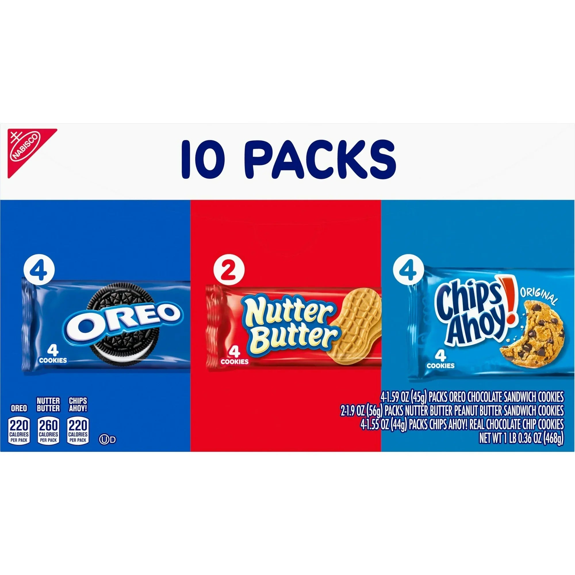 Wholesale Price with free shipping across the USA for Nabisco Cookie Variety Pack, OREO, Nutter Butter, CHIPS AHOY!, 10 Snack Packs (4 Cookies Per Pack) - Manji Distributors