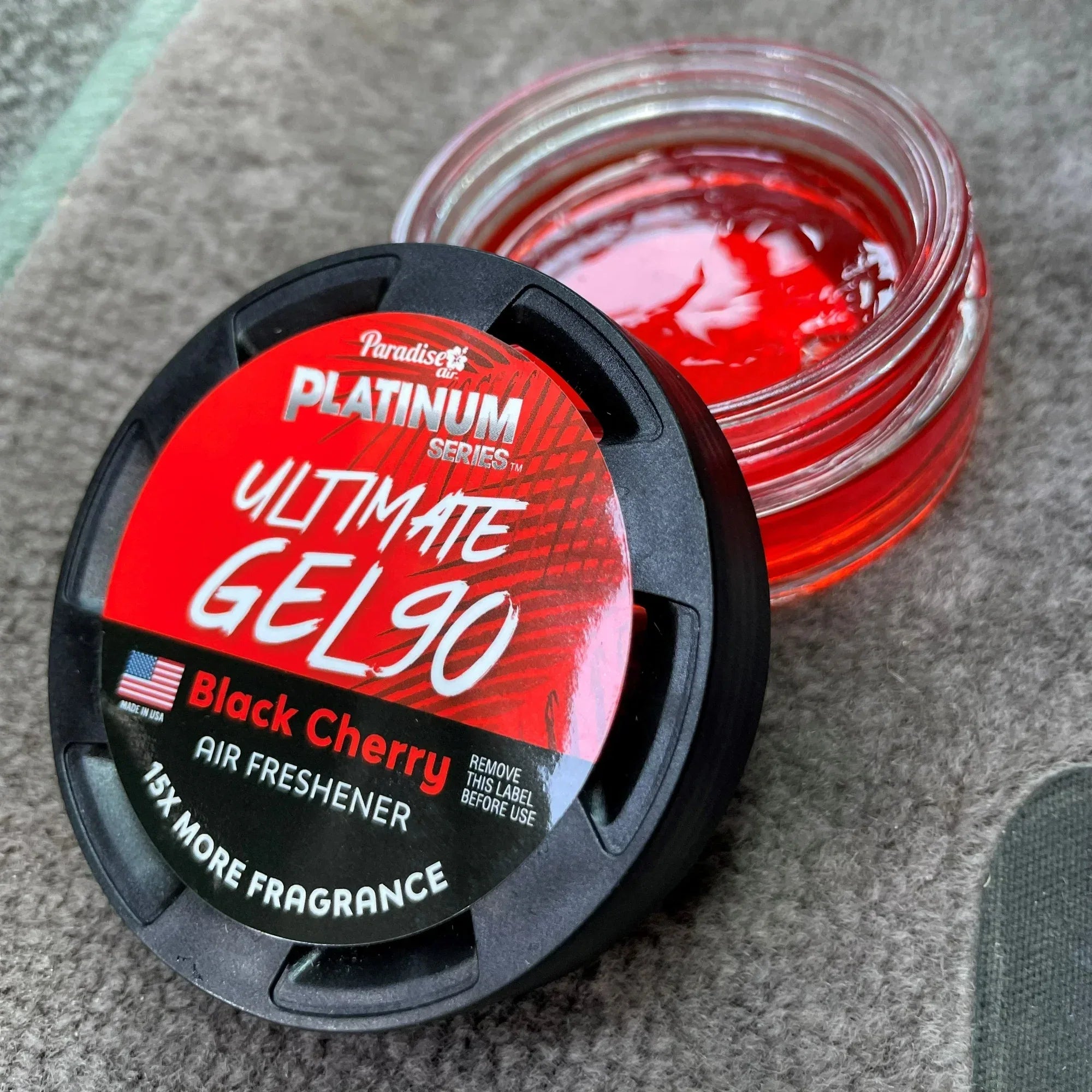 Wholesale Price with free shipping across the USA for Paradise Air Platinum Series Ultimate Gel 90 Air Freshener for use in Auto, Home, Office, Bathroom, 30g, Black Cherry - Manji Distributors