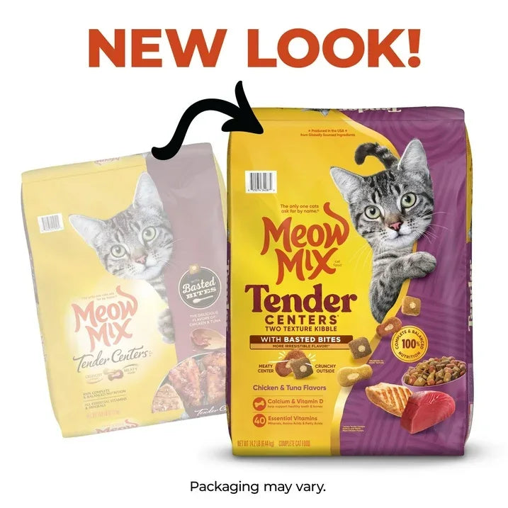 Wholesale Price with free shipping across the USA for (4 pack) Meow Mix Tender Centers Dry Cat Food with Basted Bites, Chicken & Tuna Flavors, 14.2 lb Bag - Manji Distributors
