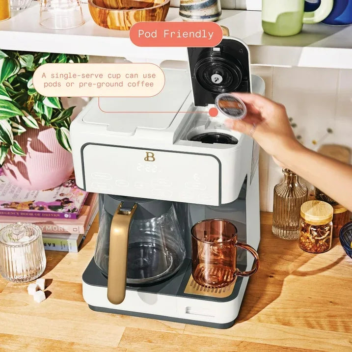 Wholesale Price with free shipping across the USA for Beautiful Multi-Brew 12-Cup Programmable Drip & Single-Serve Coffee Maker, White Icing by Drew Barrymore - Manji Distributors