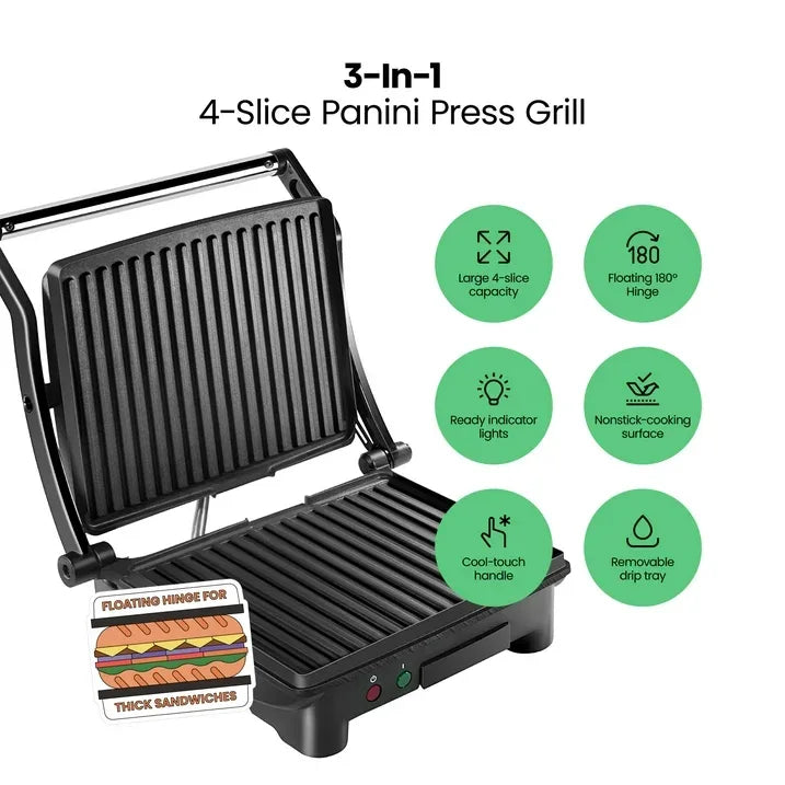 Wholesale Price with free shipping across the USA for Chefman 3-in-1 Panini Press & Grill, 4-Slice Non-Stick, Opens Flat - Stainless Steel - Manji Distributors
