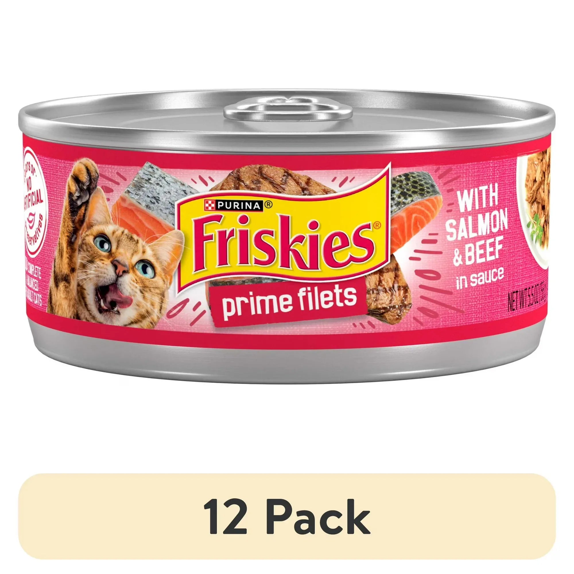 Wholesale Price with free shipping across the USA for (12 pack) Purina Friskies Prime Filets, Salmon and Beef in Sauce, Wet Cat Food, 5.5 oz Can - Manji Distributors