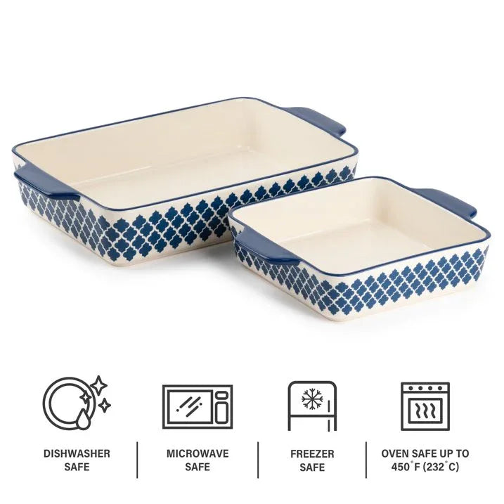 Wholesale Price with free shipping across the USA for Thyme & Table Stoneware Square & Rectangular Baker, Blue Pattern, 2-Piece Set - Manji Distributors