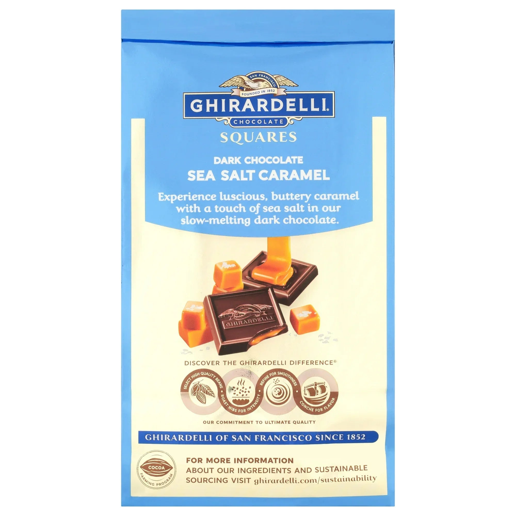 Wholesale Price with free shipping across the USA for GHIRARDELLI Dark Chocolate Candy SQUARES with Sea Salt Caramel Filling, 9 oz Bag - Manji Distributors