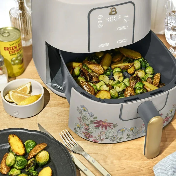 Wholesale Price with free shipping across the USA for Beautiful 6 Qt Air Fryer with TurboCrisp Technology, EverGood Ceramic Nonstick Coating, Wildflower Porcini Taupe by Drew Barrymore - Manji Distributors