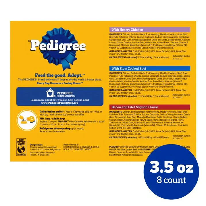 Wholesale Price with free shipping across the USA for (2 pack) Pedigree Chopped Ground Dinner Dog Food Bacon Filet Mignon Variety Pack, 3.5 Oz. Pouches (18 Pack) - Manji Distributors