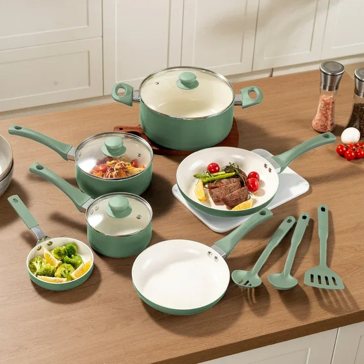 Wholesale Price with free shipping across the USA for Mainstays Ceramic Aluminum, 12 Piece, Pots and Pans Cookware Set Green Nonstick - Manji Distributors