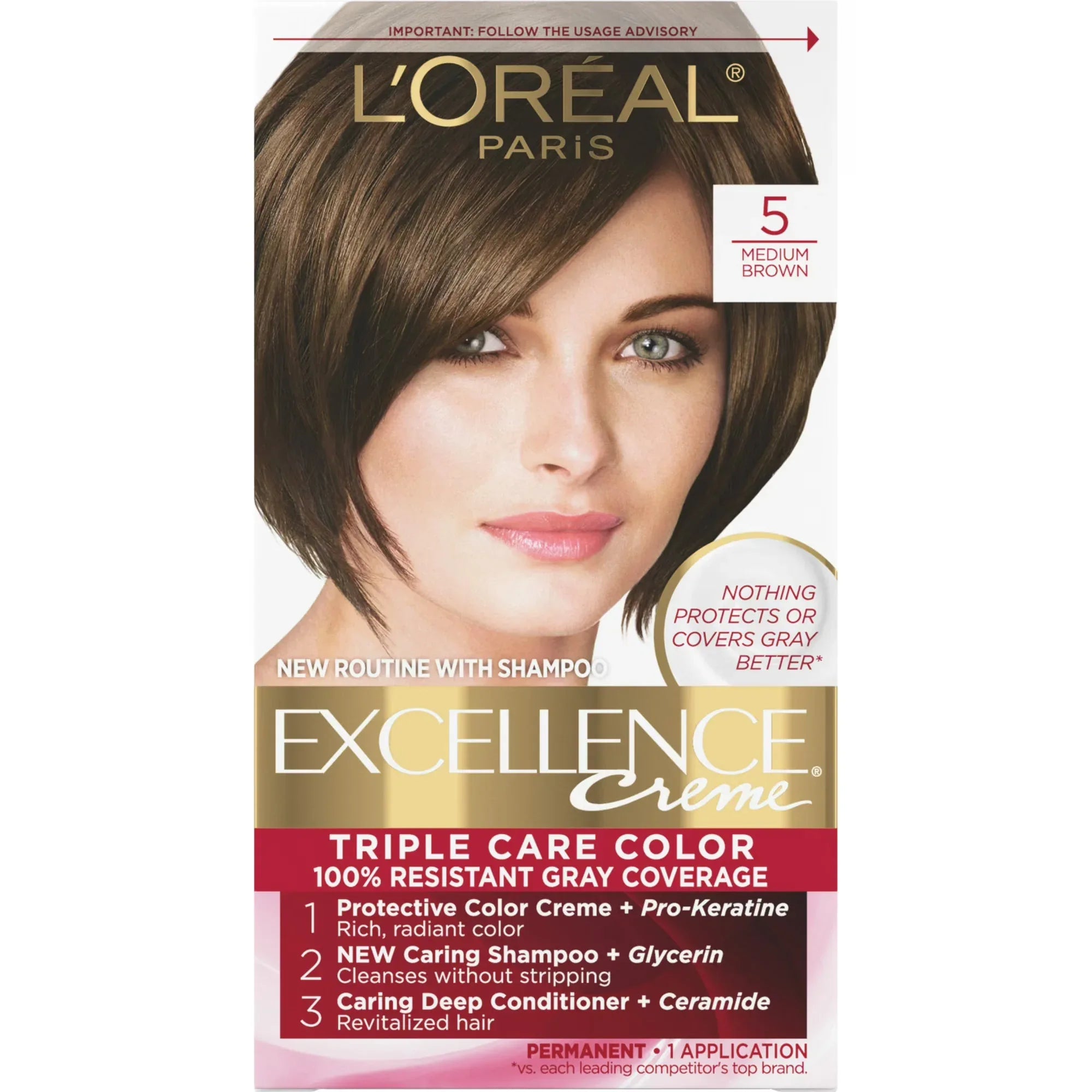 Wholesale Price with free shipping across the USA for L'Oreal Paris Excellence Creme Permanent Hair Color, 5 Medium Brown, Triple Protection, 1 Kit - Manji Distributors