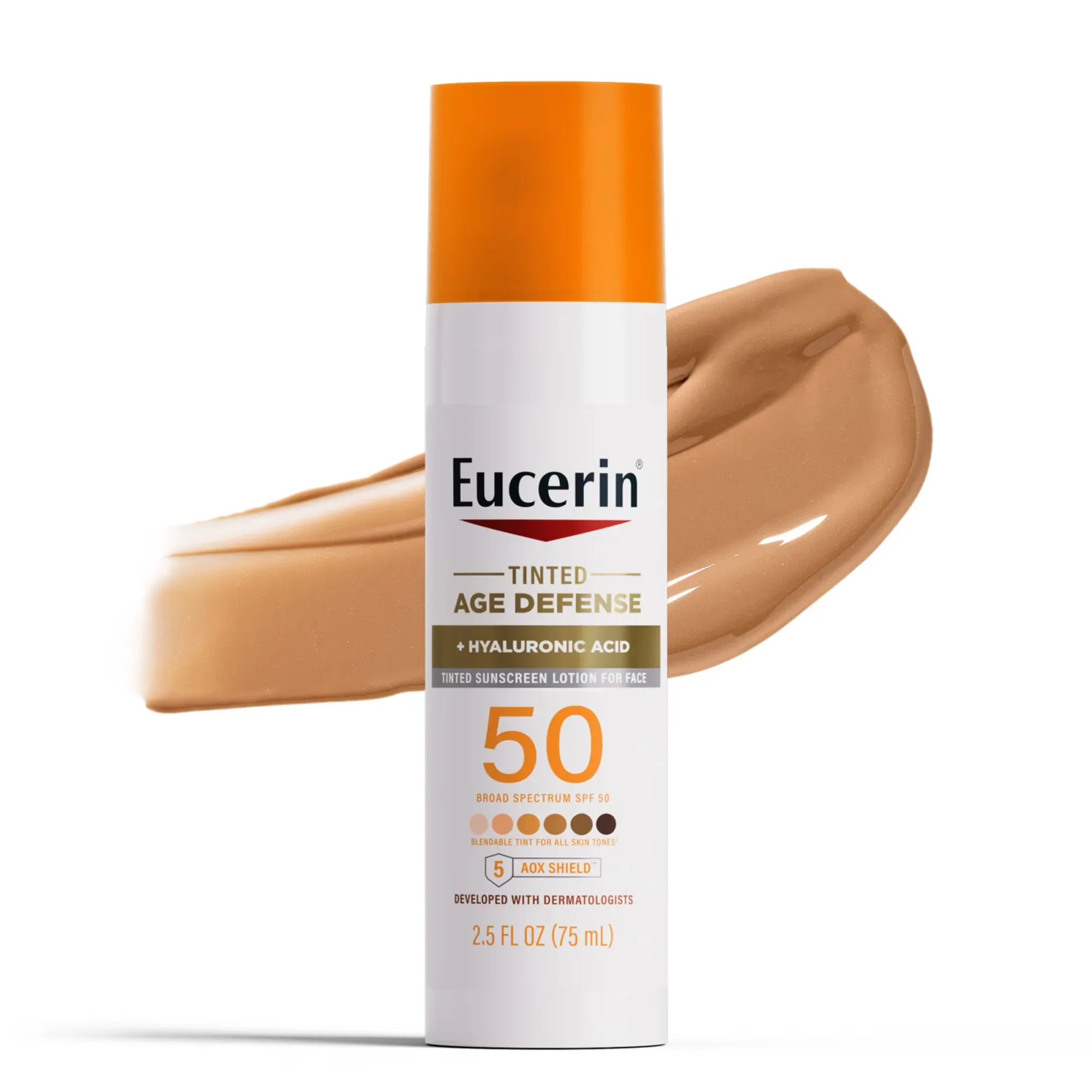 Wholesale Price with free shipping across the USA for Eucerin Sun Age Defense Tinted Face Sunscreen Lotion, Hyaluronic Acid, Blendable, SPF 50, 2.5 fl oz - Manji Distributors