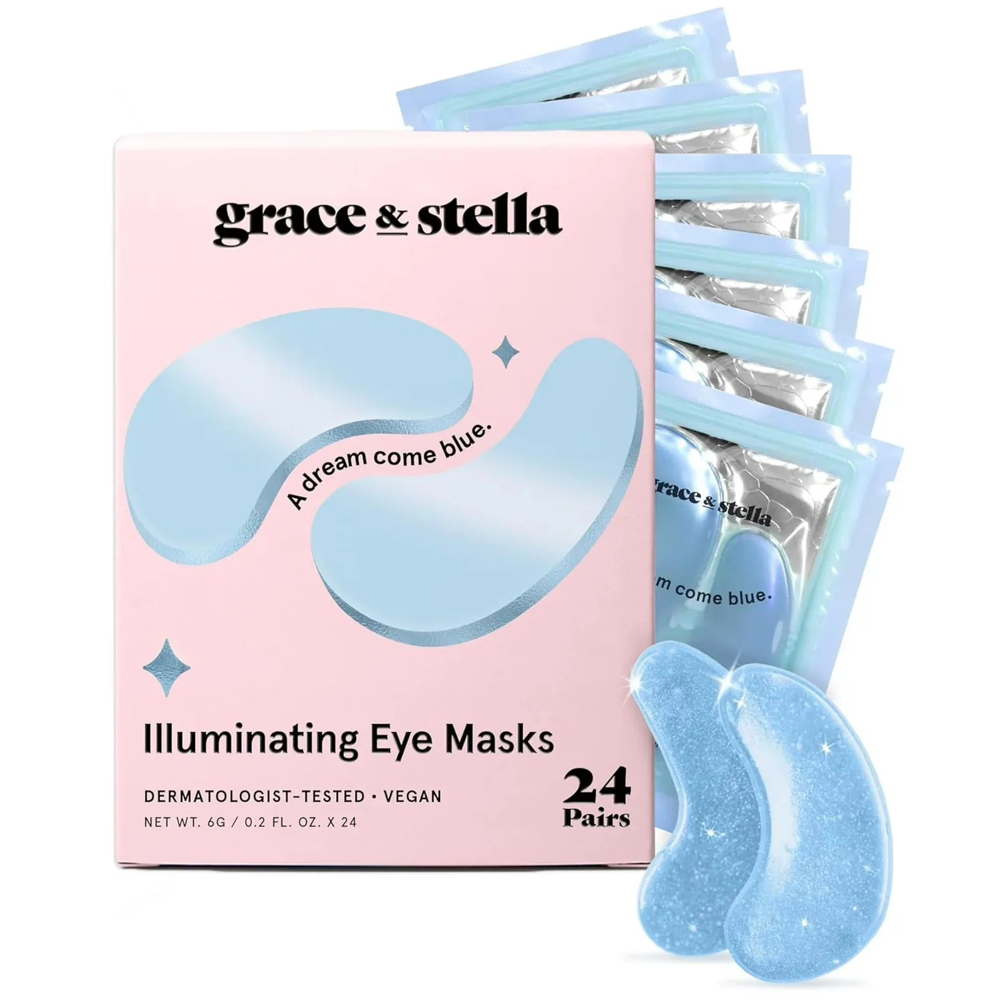Wholesale Price with free shipping across the USA for Grace & Stella Illuminating Under Eye Mask - Blue 24 pairs - Gel Eye Patches for Dark Circles, Puffy Eyes, Wrinkles, Undereye Bags - Manji Distributors