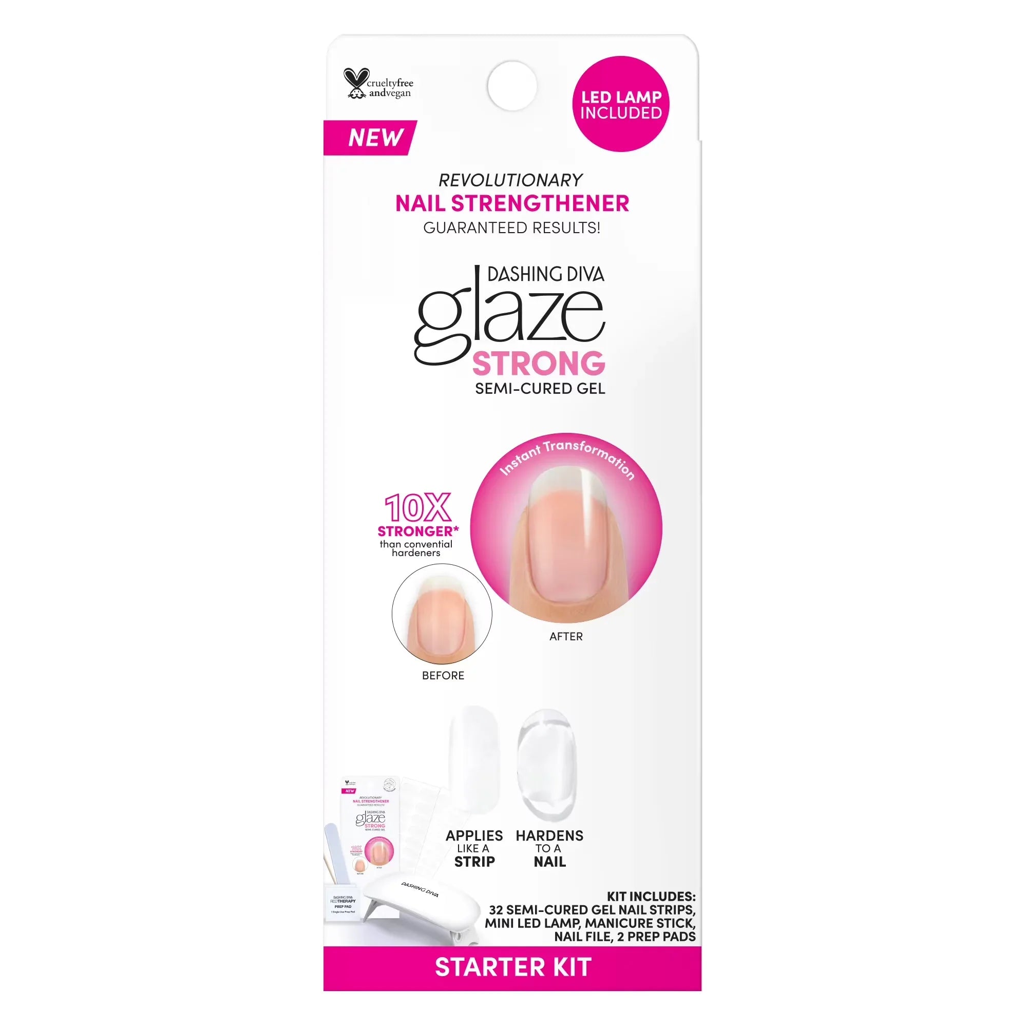 Wholesale Price with free shipping across the USA for Dashing Diva GLAZE, Starter Kit, Semi-Cured Gel Nail Polish Strips, Clear, Includes 32 Strips and LED Lamp - Manji Distributors