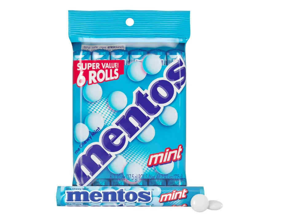 Wholesale Price with free shipping across the USA for Mentos Chewy Breath Mints Candy Roll, Peppermint, Peanut Free, Regular Size, 1.32 oz, 6 Count - Manji Distributors