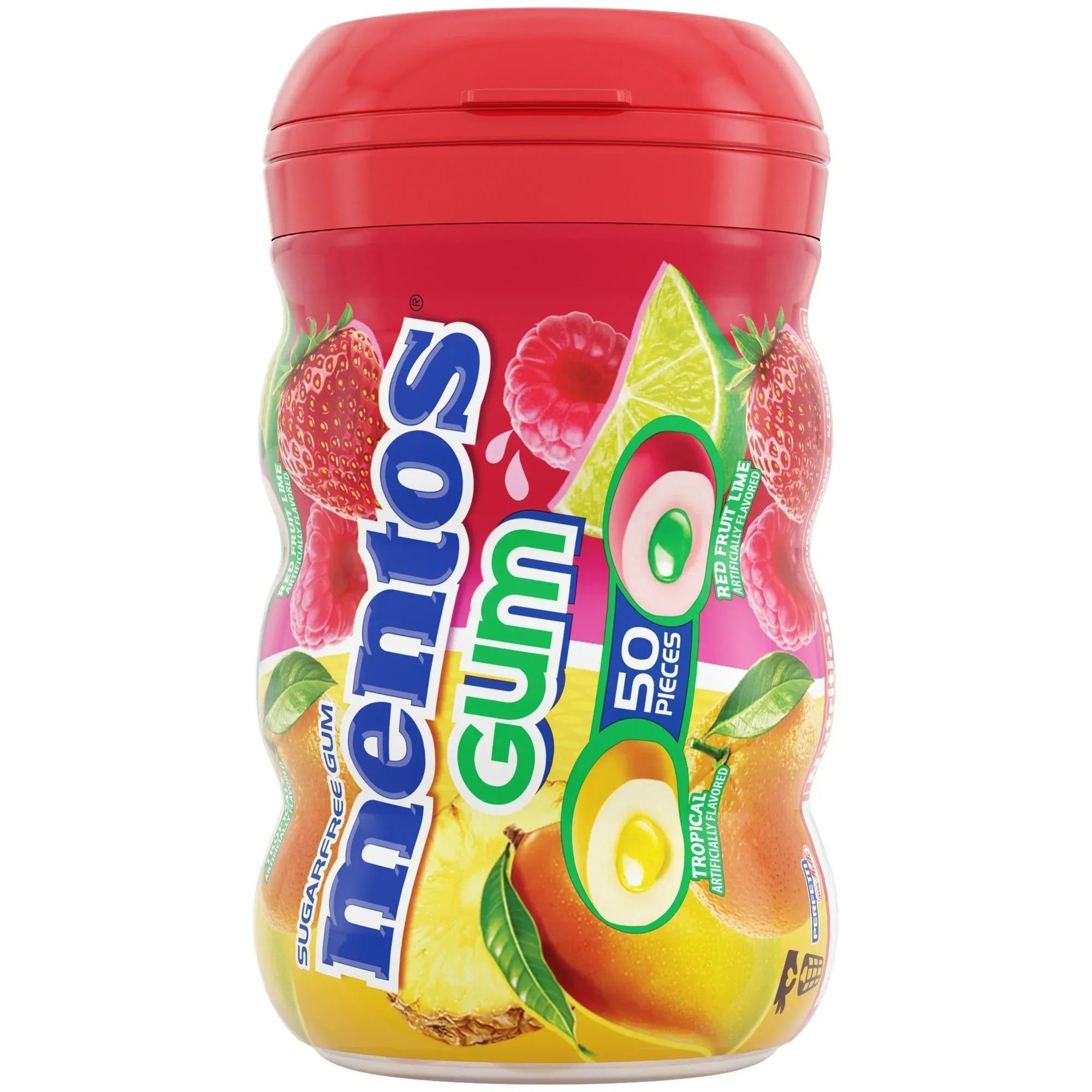 Wholesale Price with free shipping across the USA for Mentos Gum Sugar-Free Tropical Red Fruit Lime Chewing Gum, 50 Regular Size Pieces, Bottle - Manji Distributors