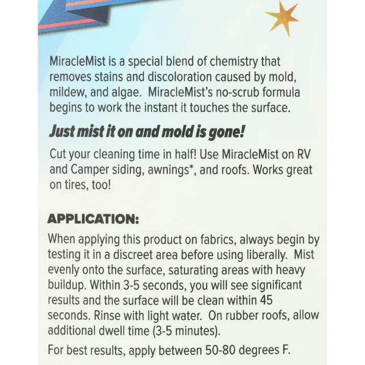 Wholesale Price with free shipping across the USA for MiracleMist Instant - Mold and Mildew Spray Remover for RV and Boat's Exterior and Interior, 1 Gallon - Manji Distributors