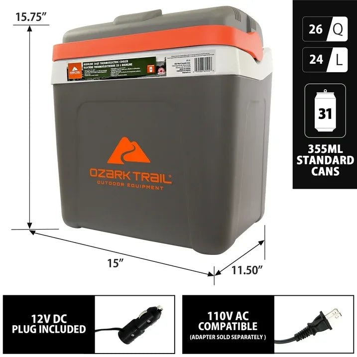 Wholesale Price with free shipping across the USA for Ozark Trail 26QT electric Cooler 12V Portable Travel Beach Camping Picnic Insulated Cooler 30 Cans Iceless 24L, Grey - Manji Distributors
