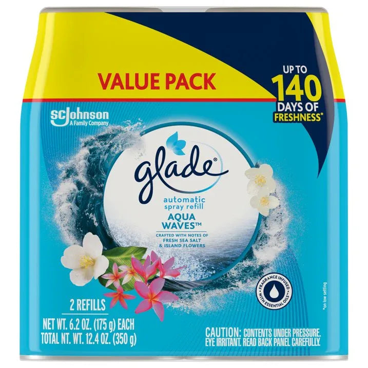 Wholesale Price with free shipping across the USA for Glade Automatic Spray Refills, Air Freshener, Mothers Day Gifts, Infused with Essential Oils, Aqua Waves, 6.2 oz, 2 Count - Manji Distributors