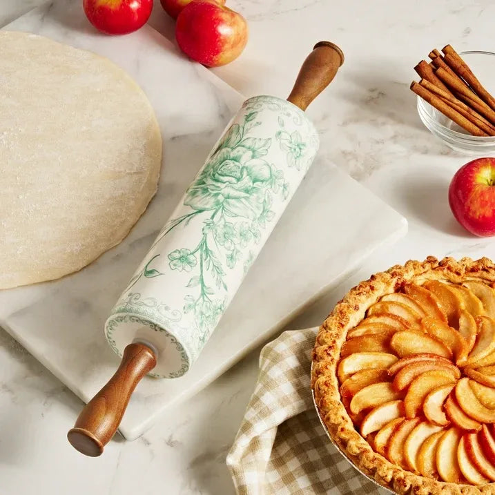 Wholesale Price with free shipping across the USA for The Pioneer Woman Agatha Ceramic Rolling Pin with Olivewood Handles, Green - Manji Distributors