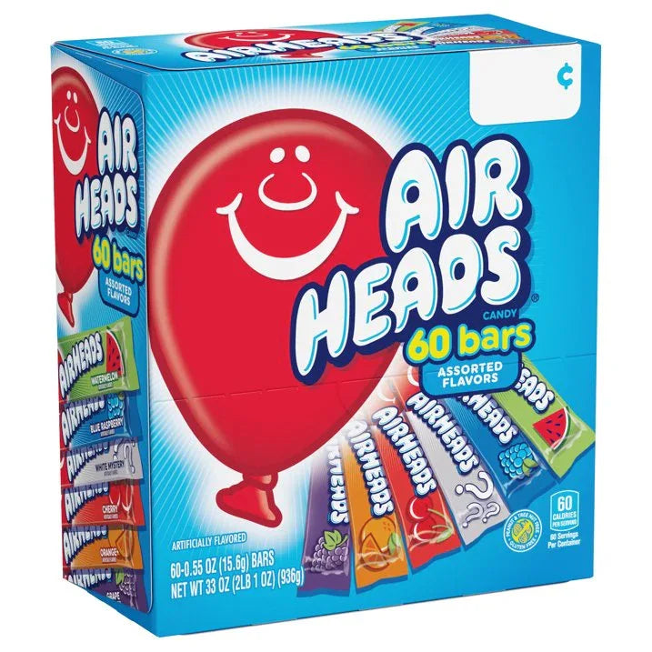 Wholesale Price with free shipping across the USA for Airheads Chewy Candy Bars, Assorted Flavors, Nut Free, Regular Size, 33 oz, 60 Count Box - Manji Distributors