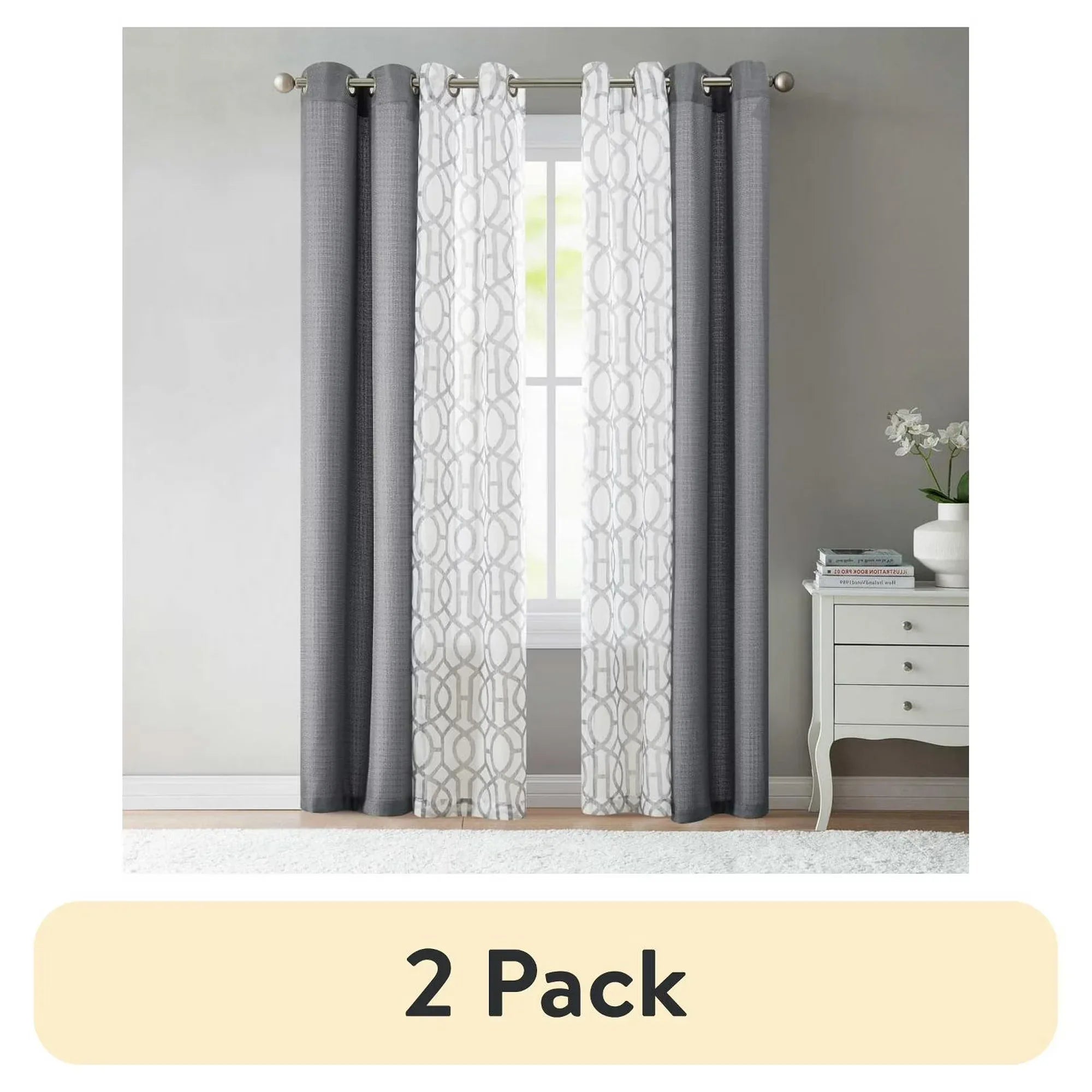 Wholesale Price with free shipping across the USA for (2 pack) Mainstays Kingswood Solid and Printed Sheer Grommet Curtain Panel Set, 4 Piece, Gray Flannel, 27.5