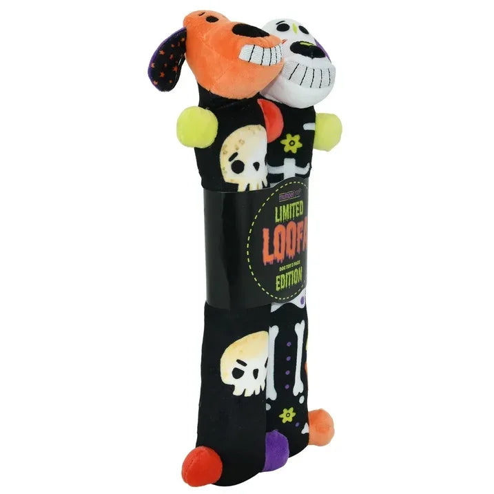 Wholesale Price with free shipping across the USA for Multipet Smiling Loofa Halloween Plush Dog Toy with Squeaker, 2 Piece Multipack, Day of the Dead, 12