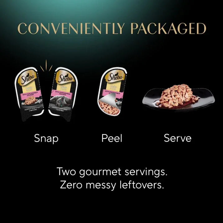 Wholesale Price with free shipping across the USA for (24 pack) Sheba Perfect Portions Cuts In Gravy With Sustainable Salmon Cat Food, 2.6 Oz Twin-Pack Tray - Manji Distributors