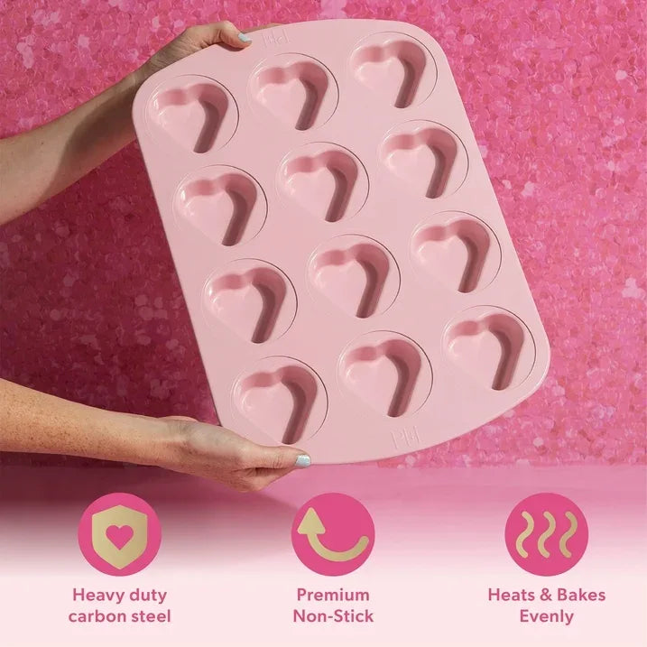 Wholesale Price with free shipping across the USA for Paris Hilton 12 Cup Mini Heart Pan, Premium Nonstick, Heavy Duty Carbon Steel, Dishwasher Safe, Pink - Manji Distributors