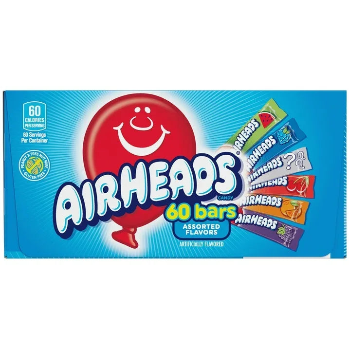 Wholesale Price with free shipping across the USA for Airheads Chewy Candy Bars, Assorted Flavors, Nut Free, Regular Size, 33 oz, 60 Count Box - Manji Distributors