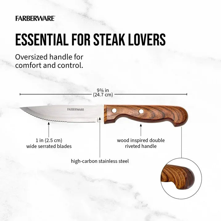 Wholesale Price with free shipping across the USA for Farberware Classic 4-Piece Stainless Steel Steak Knife Set, Faux Wood Handles - Manji Distributors