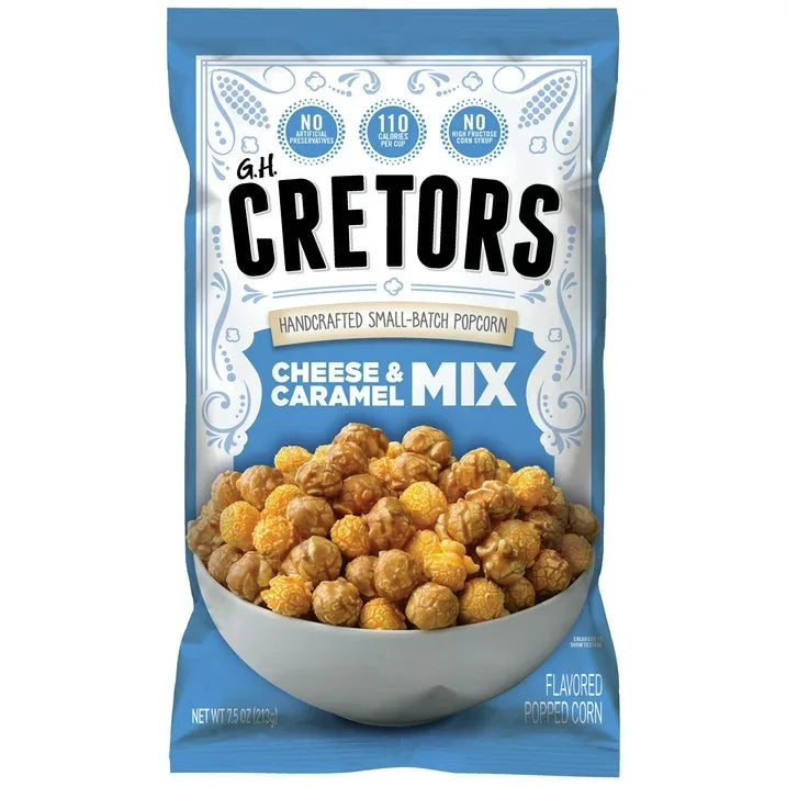 Wholesale Price with free shipping across the USA for G.H. Cretors Handcrafted Small-Batch Cheese & Caramel Popcorn Mix, 7.5 oz, Gluten-Free Snack - Manji Distributors
