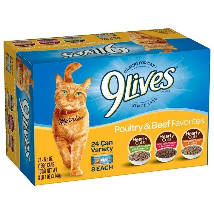 Wholesale Price with free shipping across the USA for 9Lives Poultry and Beef Favorites Variety Pack Wet Cat Food, 5.5-Ounce Can, 24 Count - Manji Distributors