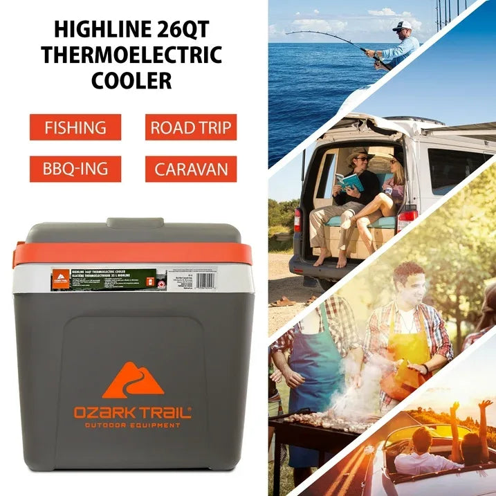 Wholesale Price with free shipping across the USA for Ozark Trail 26QT electric Cooler 12V Portable Travel Beach Camping Picnic Insulated Cooler 30 Cans Iceless 24L, Grey - Manji Distributors