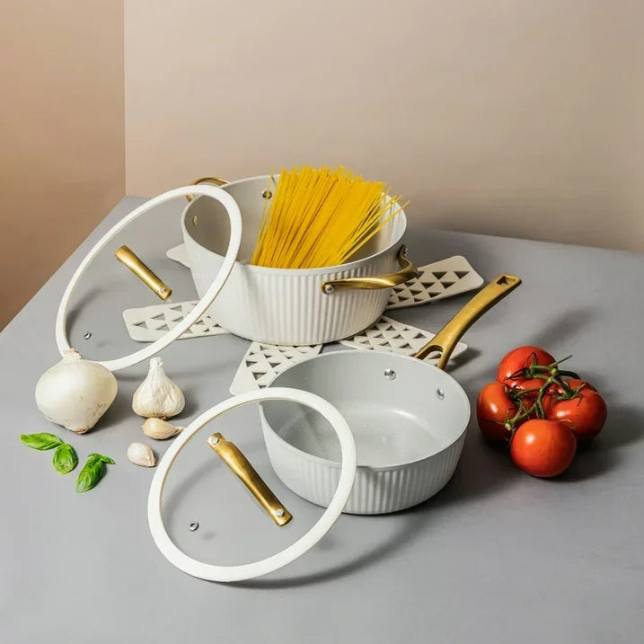 Wholesale Price with free shipping across the USA for Thyme & Table 12-Piece Non-Stick Signature Cookware Set, Pots and Pans Set- White & Gold - Manji Distributors
