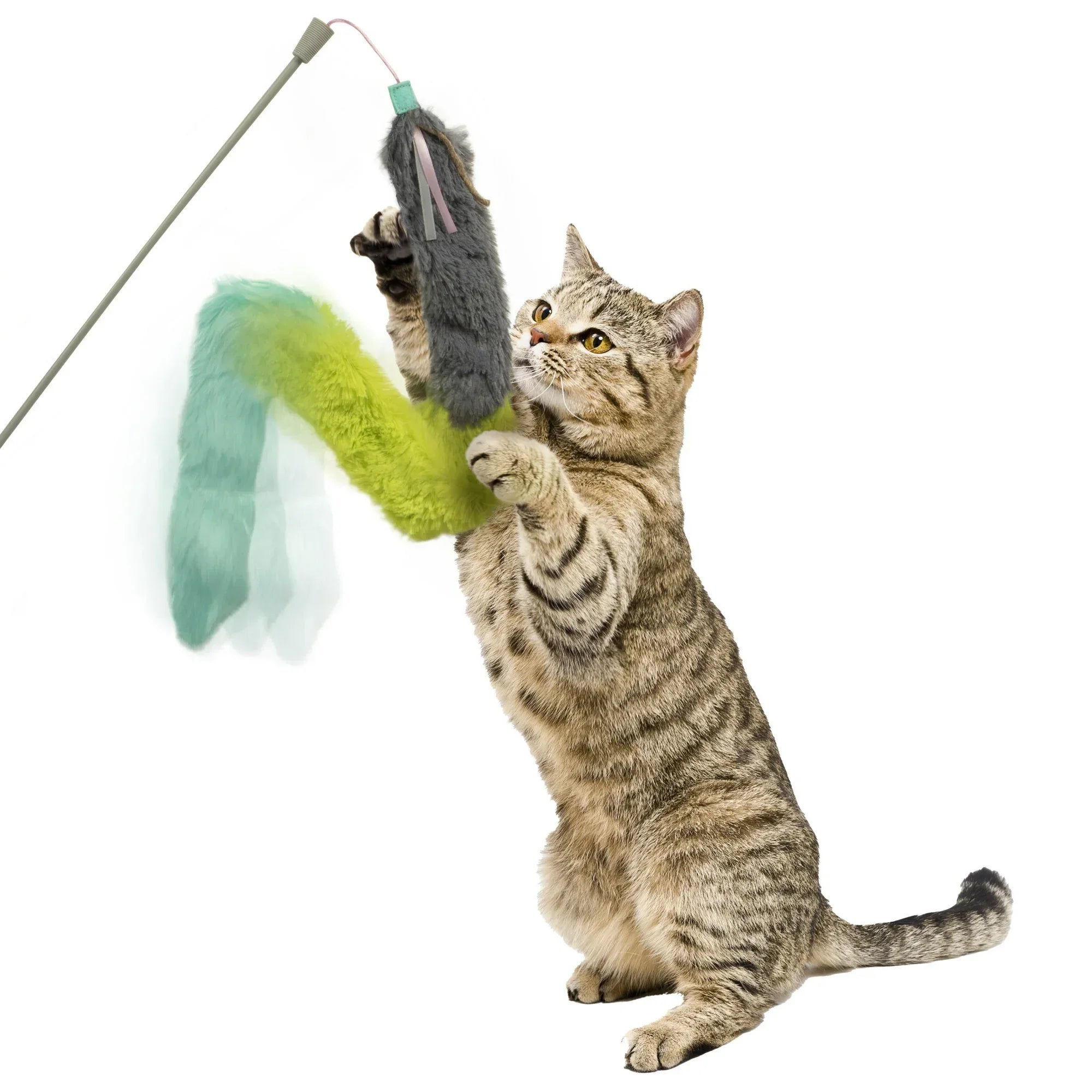 Wholesale Price with free shipping across the USA for SmartyKat Crazy Catch Extra Long Breakaway Plush Wand Cat Toy with Ribbons & Jute, Gray/Blue - Manji Distributors