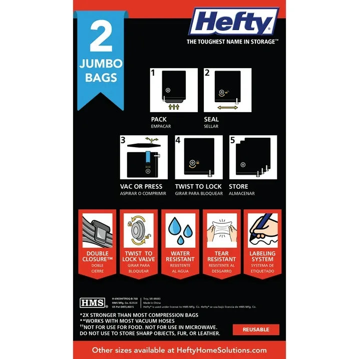 Wholesale Price with free shipping across the USA for Hefty Max Shrink-Pak 2 Jumbo Vacuum Compression Bags, Closet Garage Organizers, Black, Adults / Tweens - Manji Distributors