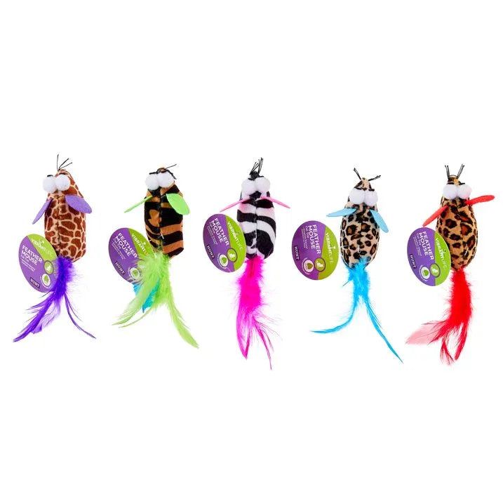 Wholesale Price with free shipping across the USA for (5 pack) Vibrant Life Safari Feather Mice Cat Toy, Assorted Colors - Manji Distributors