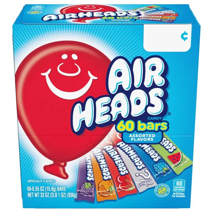 Wholesale Price with free shipping across the USA for Airheads Chewy Candy Bars, Assorted Flavors, Nut Free, Regular Size, 33 oz, 60 Count Box - Manji Distributors